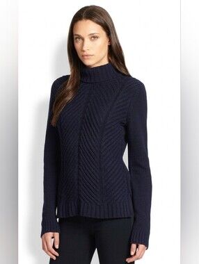 Vince Navy Yak Wool Turtleneck | Quiet Luxury Chevron Cable Knit Sweater | Large